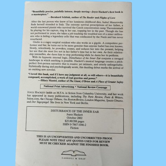 Disturbance of the Inner Ear Joyce Hackett 2002 Paperback Uncopyedited Proof - Picture 2 of 4